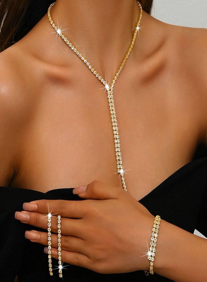 Unicra Gold Bridal Wedding Jewelry Sets Rhinestone Necklace Earrings Bracelet Set Prom Formal Costume Jewelry Sets for Women and Brides (Gold) - Image 4