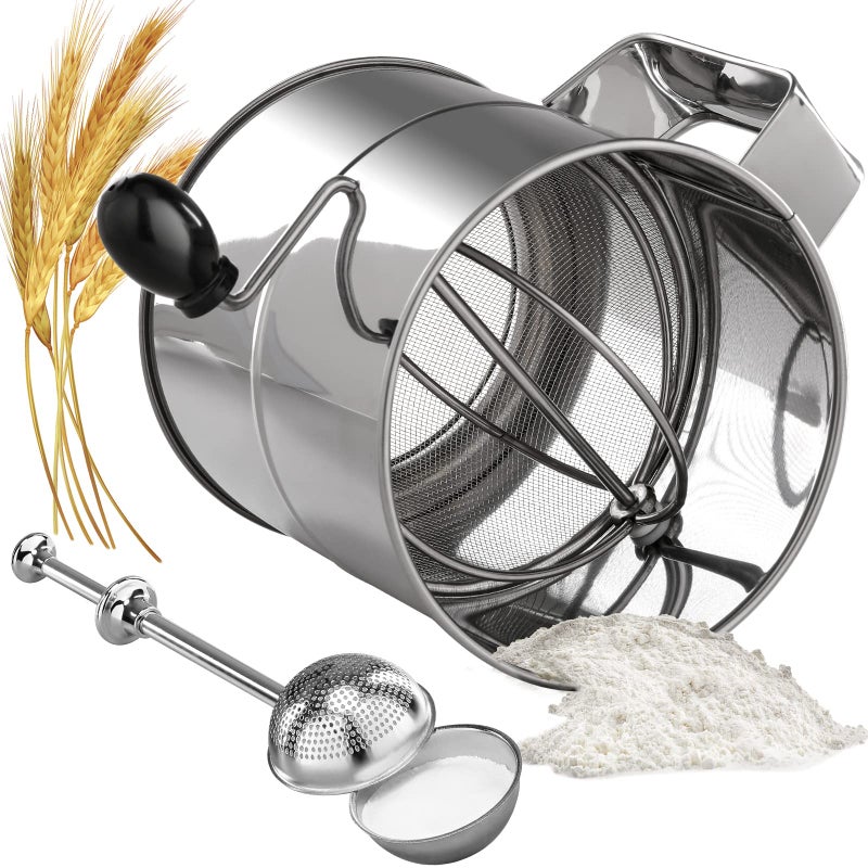 PIQUEBAR Flour Sifter  8 Cup Fine Mesh Hand Crank Sifter Stainless Steel with Agitator Wire Loop for Baking Powdered Sugar Duster Set