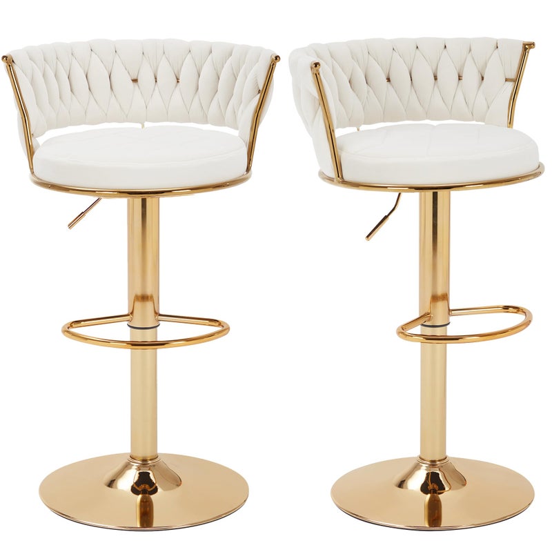 VECELO Bar Stools Set of 2 Adjustable Barstools Counter Height Stools with Back and Arm Velvet Woven Kitchen Island Stools wGold Metal Leg  Base 360 Swivel Bar Chair for Pubs Dining Room White