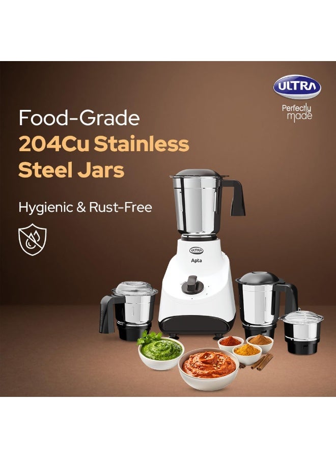 Ultra Apta Mixer Grinder - Fortune White & Black | India’s First Double ball-bearing Motor 550W High Torque with 2 Years Warranty | 204Cu Food-Grade 4 SS Jar, 3 Speed Regular + Pulse - Image 4