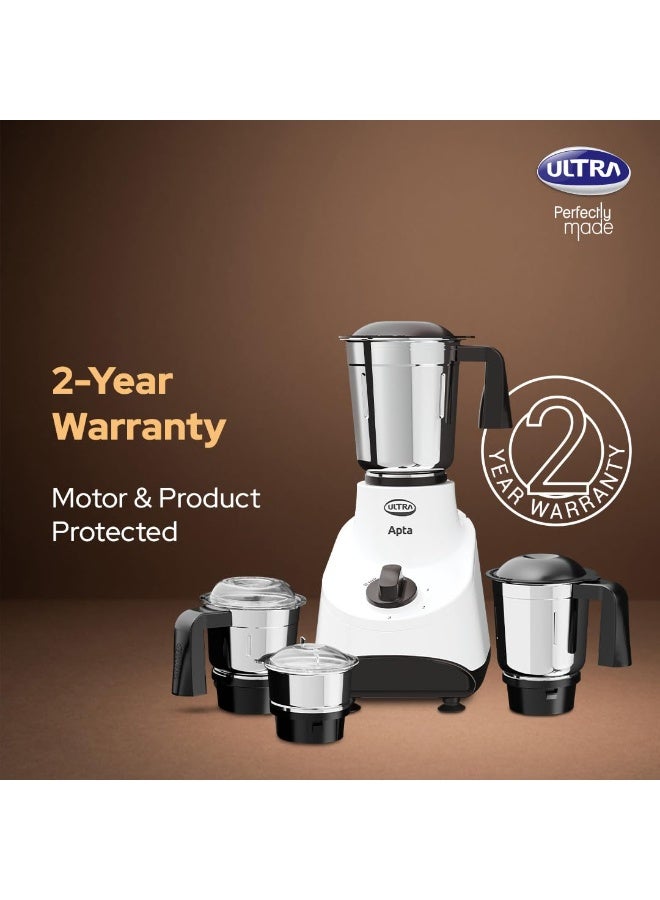 Ultra Apta Mixer Grinder - Fortune White & Black | India’s First Double ball-bearing Motor 550W High Torque with 2 Years Warranty | 204Cu Food-Grade 4 SS Jar, 3 Speed Regular + Pulse - Image 3