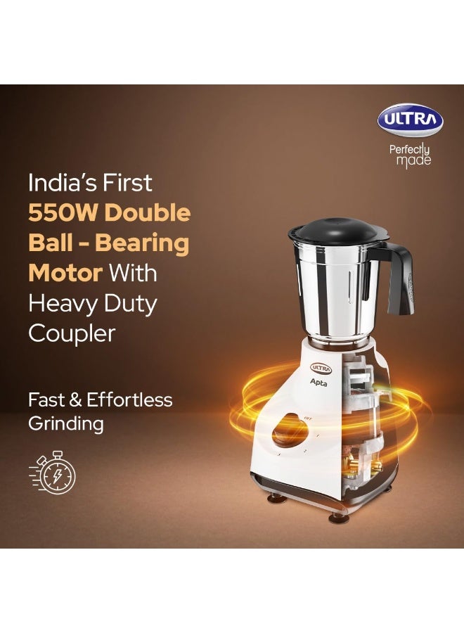 Ultra Apta Mixer Grinder - Fortune White & Black | India’s First Double ball-bearing Motor 550W High Torque with 2 Years Warranty | 204Cu Food-Grade 4 SS Jar, 3 Speed Regular + Pulse - Image 2