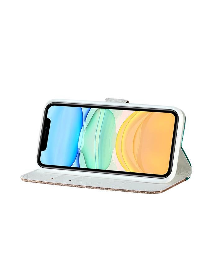 زبون جراب لهاتف iPhone 13 مصنوع من الجلد بتصميم مسحوق لامع ليزري متناسق مع نسيج التمساح مع فتحات للبطاقات وحامل ومحفظة - Image 5