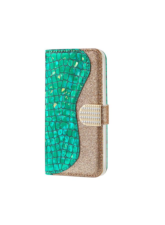 زبون جراب لهاتف iPhone 13 مصنوع من الجلد بتصميم مسحوق لامع ليزري متناسق مع نسيج التمساح مع فتحات للبطاقات وحامل ومحفظة - Image 2