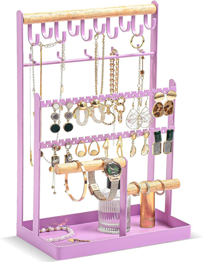 Procase Jewelry Organizer Stand Necklace Organizer Earring Holder, 6 Tier Jewelry Stand Necklace Holder with 15 Hooks, Jewelry Tower Display Rack Storage Tree for Bracelets Earrings Rings -Purple - Image 1