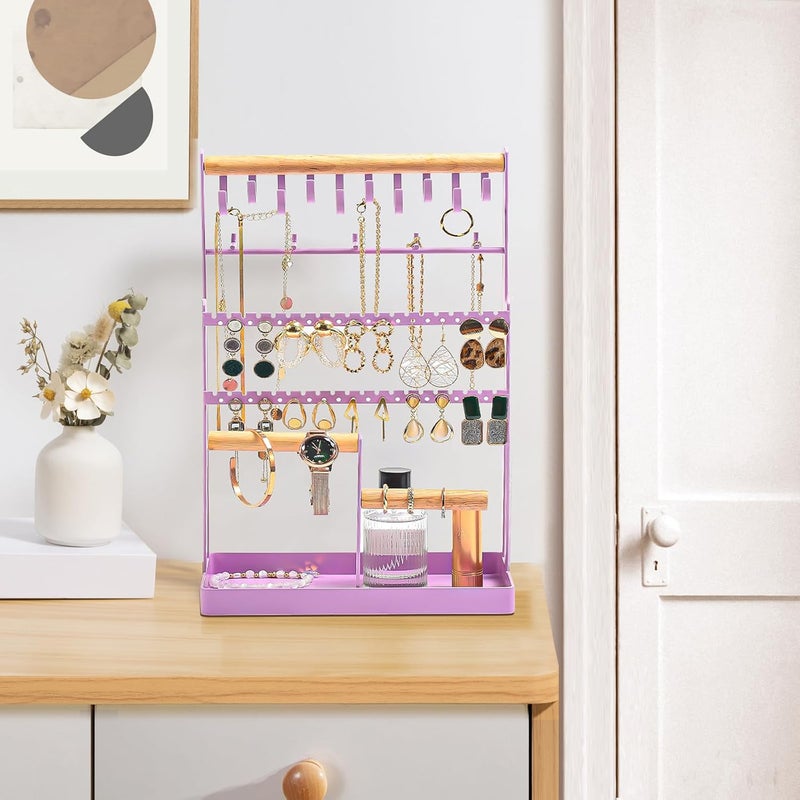 Procase Jewelry Organizer Stand Necklace Organizer Earring Holder, 6 Tier Jewelry Stand Necklace Holder with 15 Hooks, Jewelry Tower Display Rack Storage Tree for Bracelets Earrings Rings -Purple - Image 3