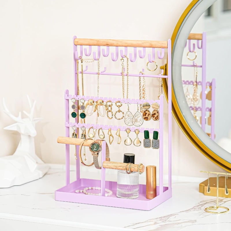 Procase Jewelry Organizer Stand Necklace Organizer Earring Holder, 6 Tier Jewelry Stand Necklace Holder with 15 Hooks, Jewelry Tower Display Rack Storage Tree for Bracelets Earrings Rings -Purple - Image 2