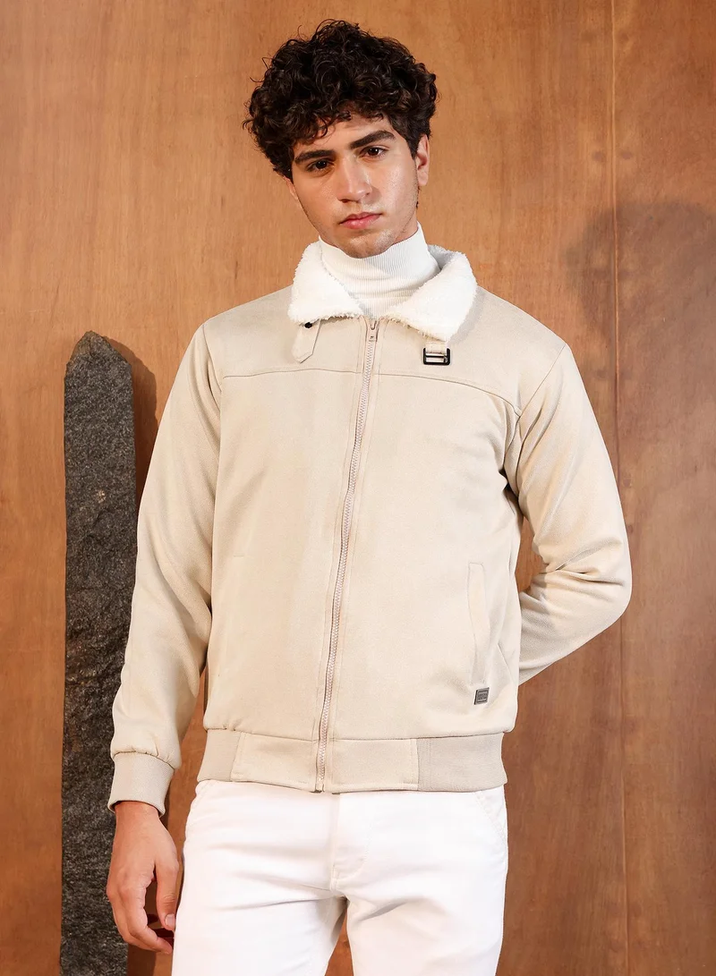 كامبوس سوترا Men's Saltbox Beige Contrast Sherpa-Lined Suede Bomber Jacket | Point Collar , Ribbed Cuff Sleeves , Zipper  Closure , Ribbed-Straight Hem | Solid Textured For Casual & Daily Wear