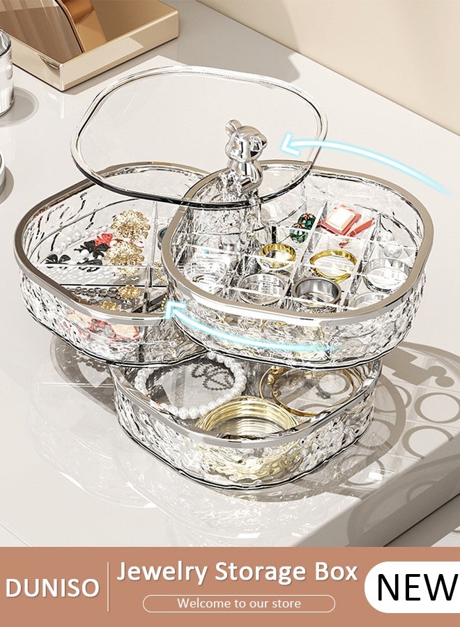 DUNISO 360° Rotating Jewelry Box, Versatile Acrylic Small Jewelry Organizer, Dustproof and Transparent Jewelry Storage Box, Travel Accessory Boxes with Lid for Earrings, Rings, Necklaces - Image 1
