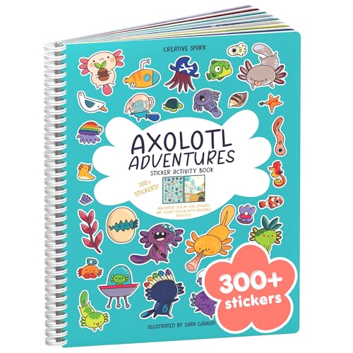CUPKIN Axolotl 300 Kids Sticker Book by Cupkin Toddler Airplane Travel Coloring and Sticker Book Road Trip Essentials 8 Coloring Pages 8 Side by Side Scenes for Ages 28 Years - Image 1