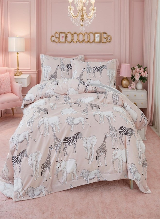 Brandream Kid's Duvet Cover Twin/Twin XL Size,100% Percale Cotton 3pcs Girl Bedding Duvet Cover Set, Ruffled Fringe Soft Breathable with Zipper Closure & Corner Ties(Blush Jungle Safari Animals) - Image 3
