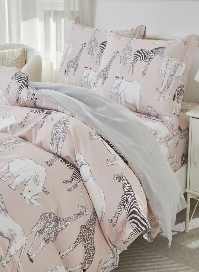 Brandream Kid's Duvet Cover Twin/Twin XL Size,100% Percale Cotton 3pcs Girl Bedding Duvet Cover Set, Ruffled Fringe Soft Breathable with Zipper Closure & Corner Ties(Blush Jungle Safari Animals) - Image 2