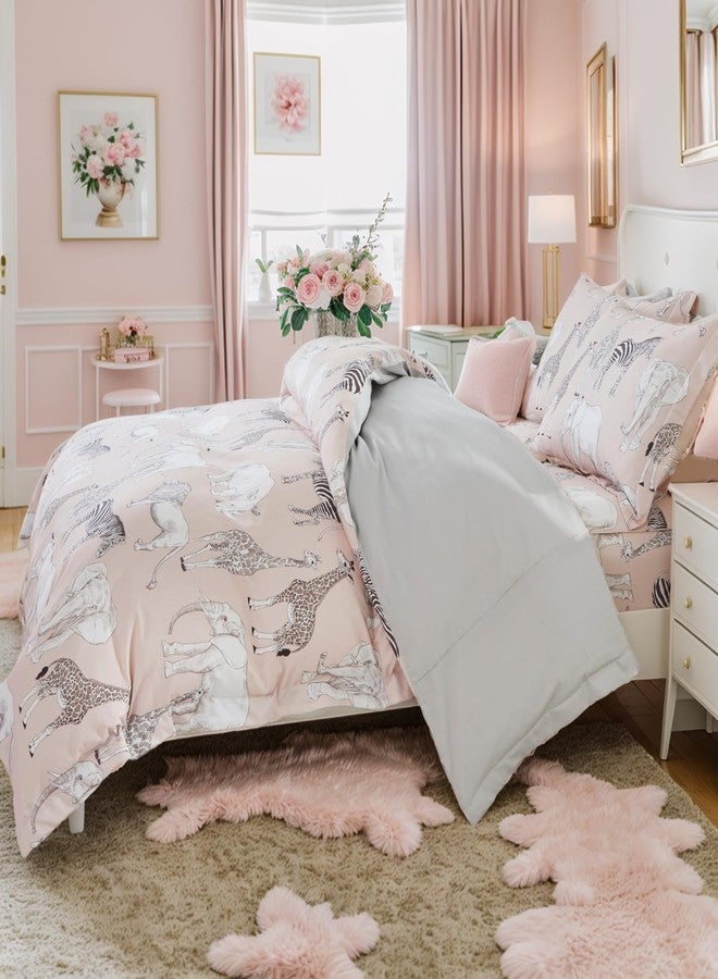 Brandream Kid's Duvet Cover Twin/Twin XL Size,100% Percale Cotton 3pcs Girl Bedding Duvet Cover Set, Ruffled Fringe Soft Breathable with Zipper Closure & Corner Ties(Blush Jungle Safari Animals) - Image 1
