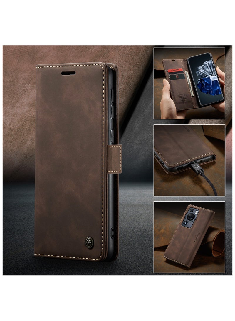 حافظة هاتف متوافقة مع لهواوي بي 60 / بي 60 برو ، حافظة جلدية مقاومة للخدش ، فتحات بطاقات ، جيب نقود ، قهوة - Image 3