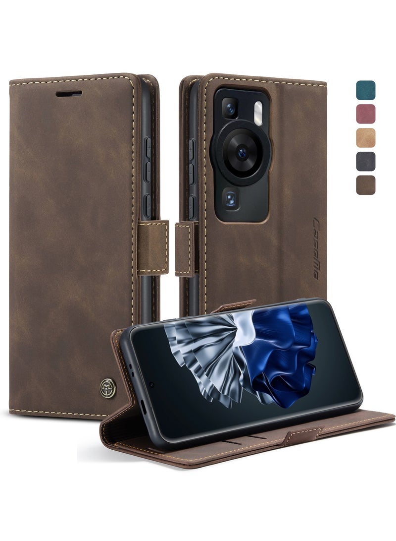 حافظة هاتف متوافقة مع لهواوي بي 60 / بي 60 برو ، حافظة جلدية مقاومة للخدش ، فتحات بطاقات ، جيب نقود ، قهوة - Image 1