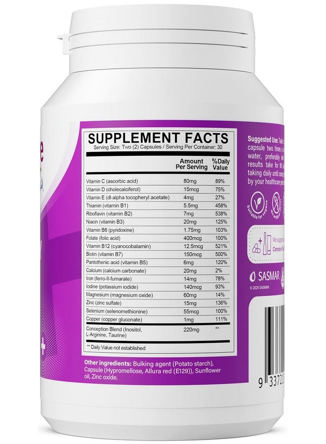 Conceive Plus كونسيف بلس دعم الخصوبة للنساء: مكملات الحمل قبل الولادة لها، تساعد في توازن الهرمونات والدورات المنتظمة - حمض الفوليك، B12، زنك، بيوتين، غير معدلة وراثيًا - 60 كبسولة لينة نباتية - Image 2