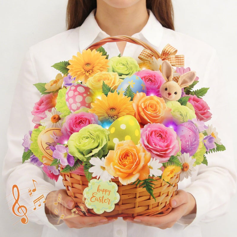Tcamp Easter Cards with Envelope, Pop Up Easter Cards with Music and Lights, Easter Eggs Bunny Flower Basket Easter Card for Kids Adults Women Mom Daughter Sister Girls - Image 1