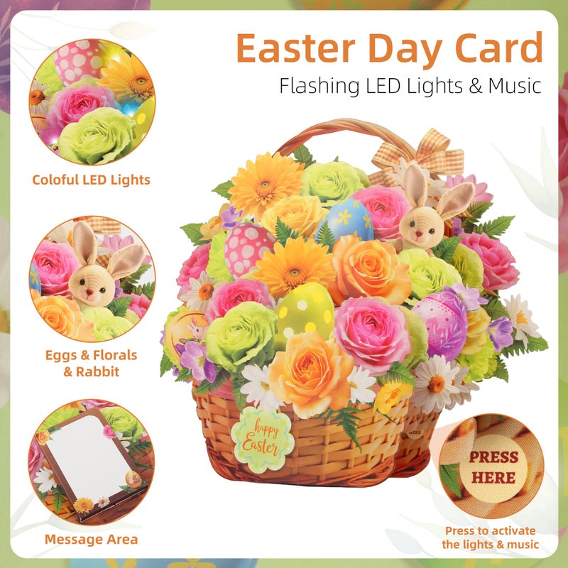 Tcamp Easter Cards with Envelope, Pop Up Easter Cards with Music and Lights, Easter Eggs Bunny Flower Basket Easter Card for Kids Adults Women Mom Daughter Sister Girls - Image 3