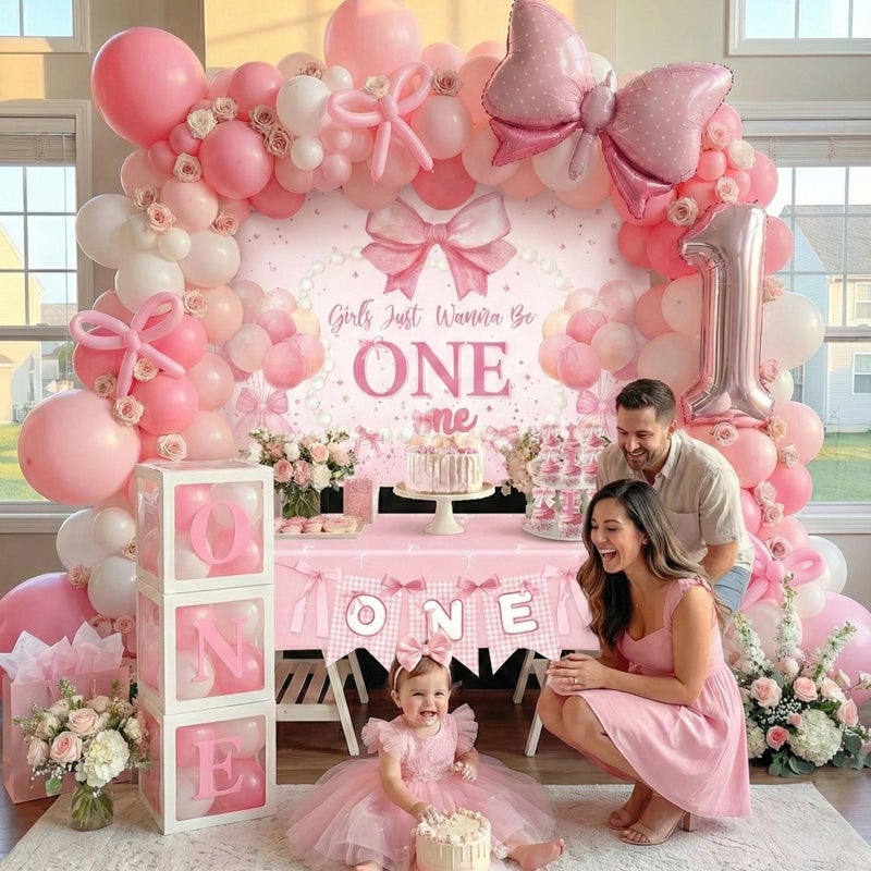 jenlion Butterfly 1st Birthday Decorations for Girl - 134Pcs Purple Pink Butterfly First Birthday Party Supplies with 5ft Backdrop, 32" Butterfly Foil Balloons, Balloon Boxes, Tablecloth, Highchair Banner - Image 3
