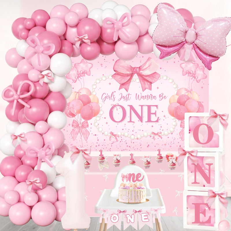jenlion Butterfly 1st Birthday Decorations for Girl - 134Pcs Purple Pink Butterfly First Birthday Party Supplies with 5ft Backdrop, 32" Butterfly Foil Balloons, Balloon Boxes, Tablecloth, Highchair Banner - Image 1