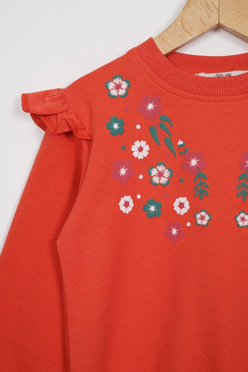Zepkids Crew Neck Long Sleeve Flower Embroidery Printed Brick Color Girl's Two Piece Set  - Image 1