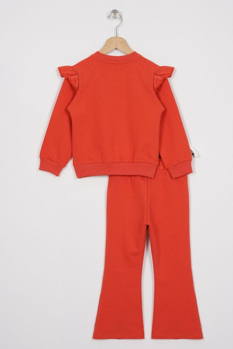 Zepkids Crew Neck Long Sleeve Flower Embroidery Printed Brick Color Girl's Two Piece Set  - Image 2