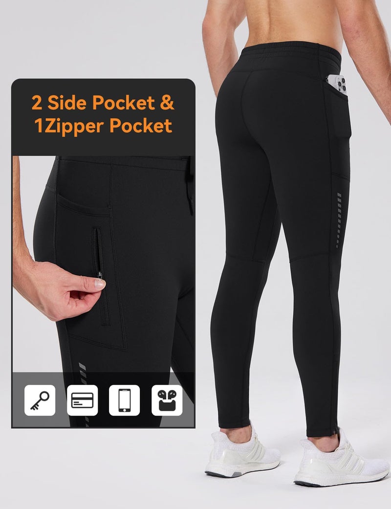 baleaf Thermal Running Tights for Men Fleece Lined Compression Leggings Winter Menâ€™s Pants with Zipper Pockets Cycling Gear Cold Weather Black XL - Image 2