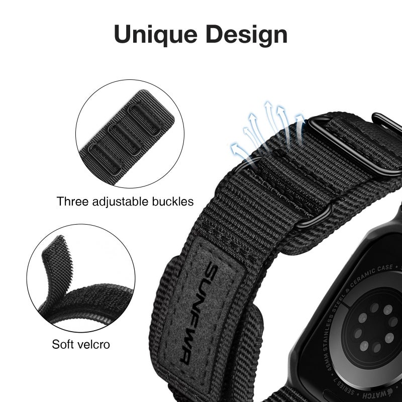 SUNFWR Bands Compatible with Apple Watch 42mm with Case,Rugged Nylon Sport Apple Watch Strap with Protective Cover for iwatch Series 3/2/1 for Men (Black Black Tags, 42mm) - Image 3