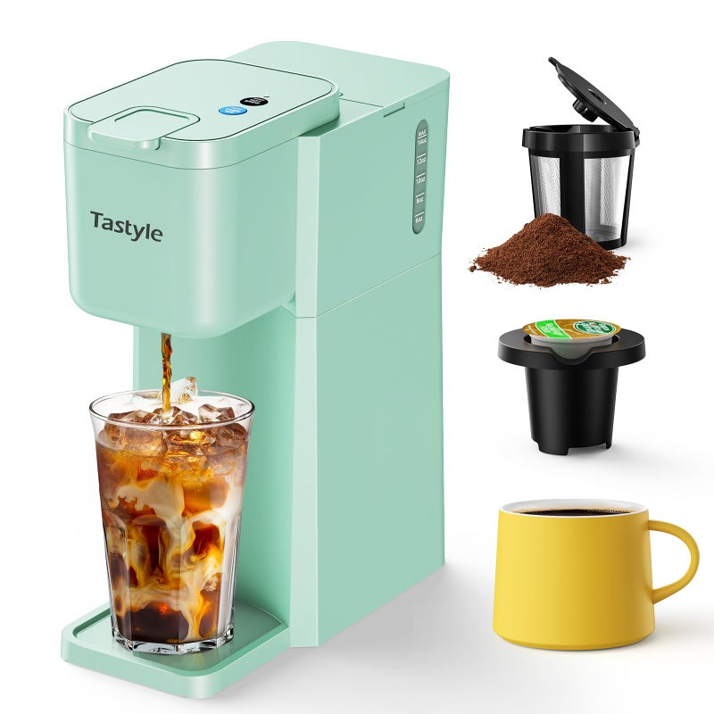 Tastyle Mini Hot and Iced Coffee Maker Single Serve, for K Cup and Ground, 6 to 14 Oz Brew Sizes, with Recipe Book, for Home, Travel, RV, Office and Dorm, Mint - Image 1