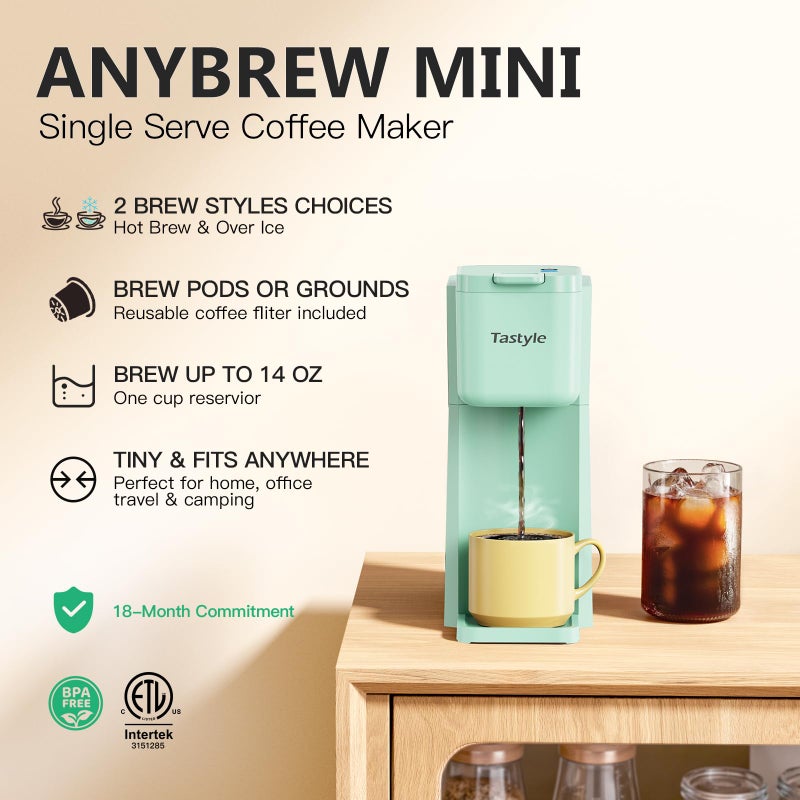 Tastyle Mini Hot and Iced Coffee Maker Single Serve, for K Cup and Ground, 6 to 14 Oz Brew Sizes, with Recipe Book, for Home, Travel, RV, Office and Dorm, Mint - Image 2