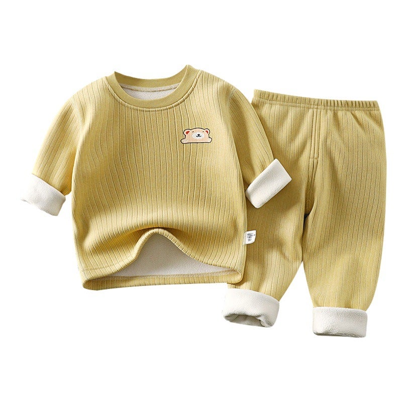 Children''s Warm Suit Fleece-Lined and Thickeneding Autumn and Winter New Baby Base Intimates Middle Kidsren''s Autumn Clothes and Long Trousers Kidsren''s Suit - Image 2