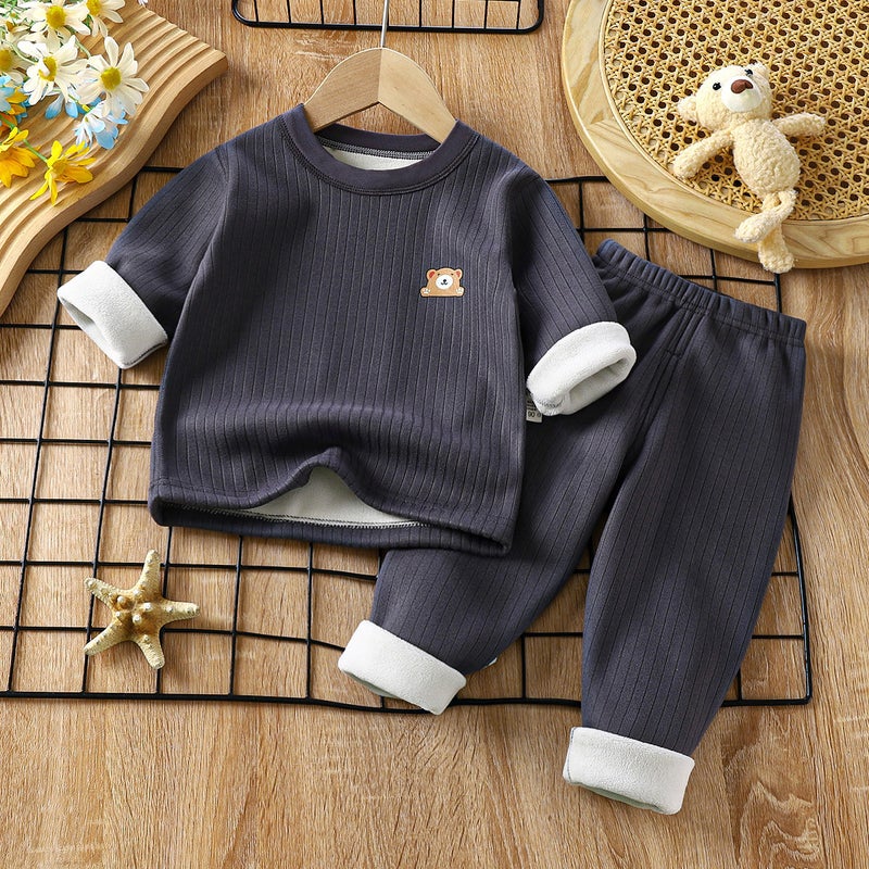 Children''s Warm Suit Fleece-Lined and Thickeneding Autumn and Winter New Baby Base Intimates Middle Kidsren''s Autumn Clothes and Long Trousers Kidsren''s Suit - Image 1