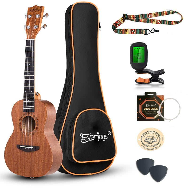 Everjoys Concert Ukulele Mahogany - 23 inch Professional Wooden Ukelele Free Online Lesson Uke Strap Case Digital Tuner picks Aquila String - Image 1