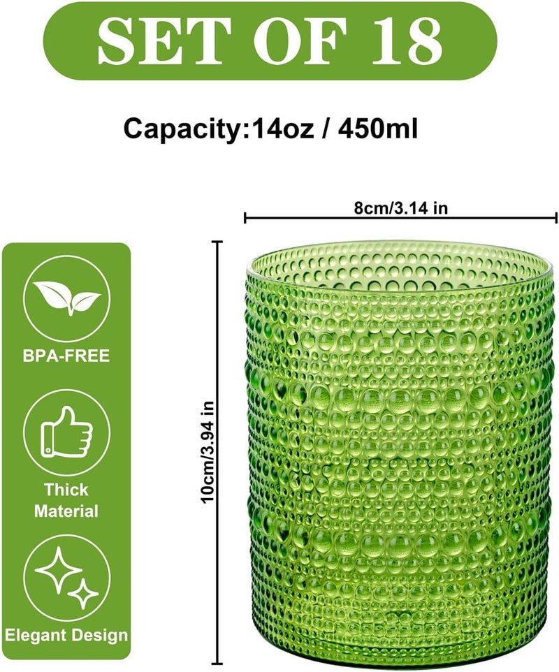Joyido 18PCS Hobnail Plastic Drinking Glasses - 14Oz Beaded Glasses Drinkware Set Disposable - Green Vintage Plastic Bubble Glassware for Beer, Juice, Cocktail, Whiskey, Milk and Various Mixed Drinks - Image 3