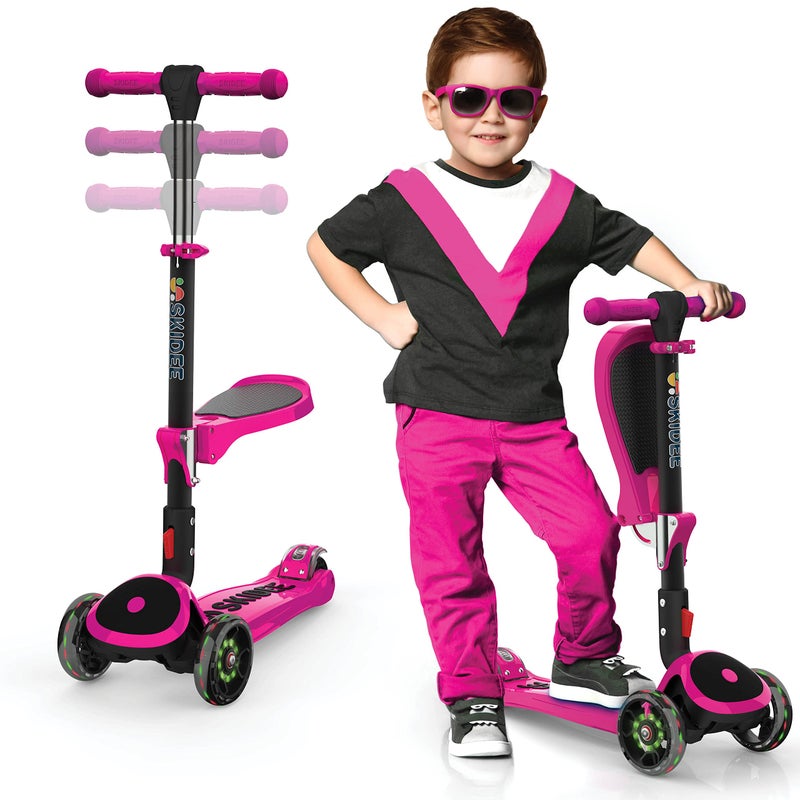 SKIDEE Kick Scooter for Kids Ages 3-5 | Foldable 3 Wheel Scooter with Lean-to-Steer, Adjustable Height, Removable Seat & LED Light Wheels | Toddler Scooter Up to 12 Year Old Boys/Girls, Pink