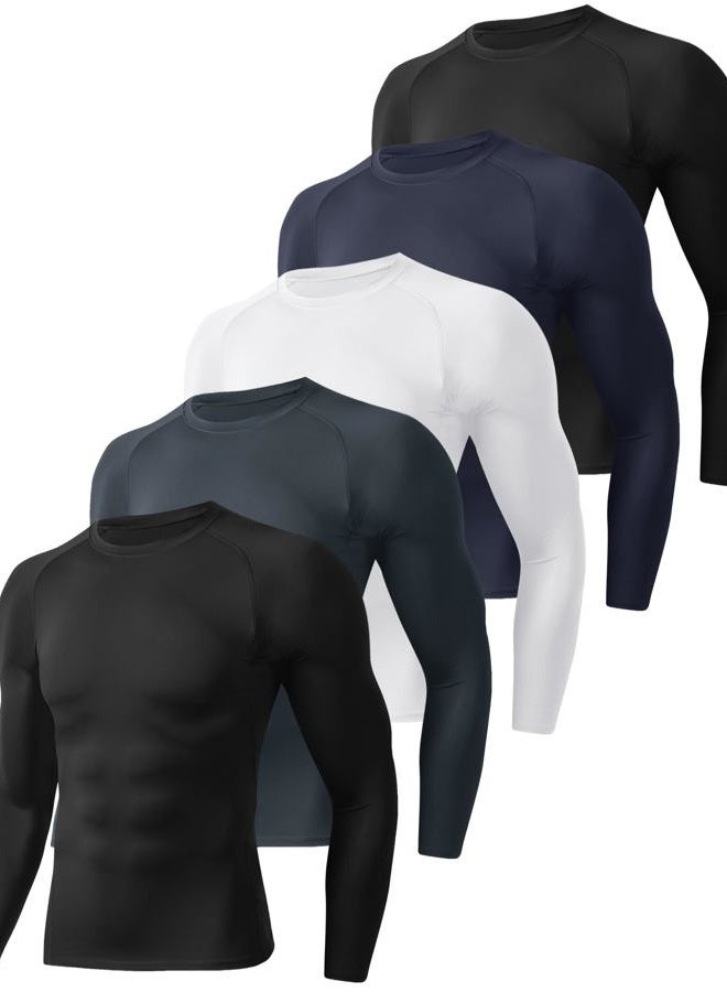 BOOJO 5 Pack Long Sleeve Compression Shirts for Men - Black Quick Dry Workout Base Layer Undershirt Top for Athletic Gym Running, 1-black/Black/White/Navy/Dark Grey, L - Image 1