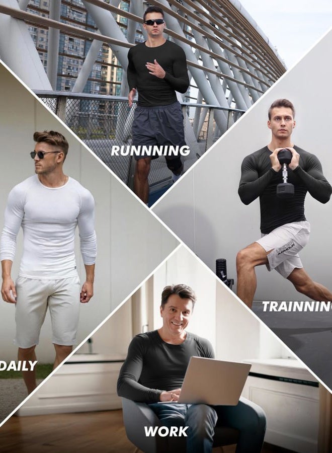 BOOJO 5 Pack Long Sleeve Compression Shirts for Men - Black Quick Dry Workout Base Layer Undershirt Top for Athletic Gym Running, 1-black/Black/White/Navy/Dark Grey, L - Image 2