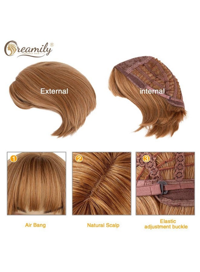 Reamily 12 Inch Short Strawberry Blonde Wigs With Bangs Medium Length Blonde Straight Wigs Synthetic Hair Wig Heat Resistant Hair Replacement Wig Daily Wear For Women Cosplay Costume Wigs