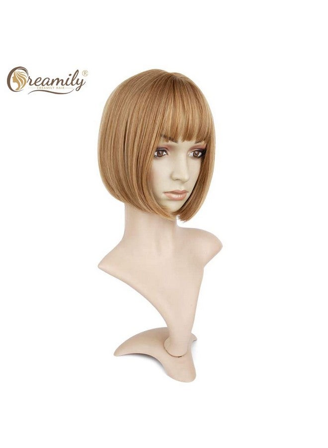 Reamily 12 Inch Short Strawberry Blonde Wigs With Bangs Medium Length Blonde Straight Wigs Synthetic Hair Wig Heat Resistant Hair Replacement Wig Daily Wear For Women Cosplay Costume Wigs