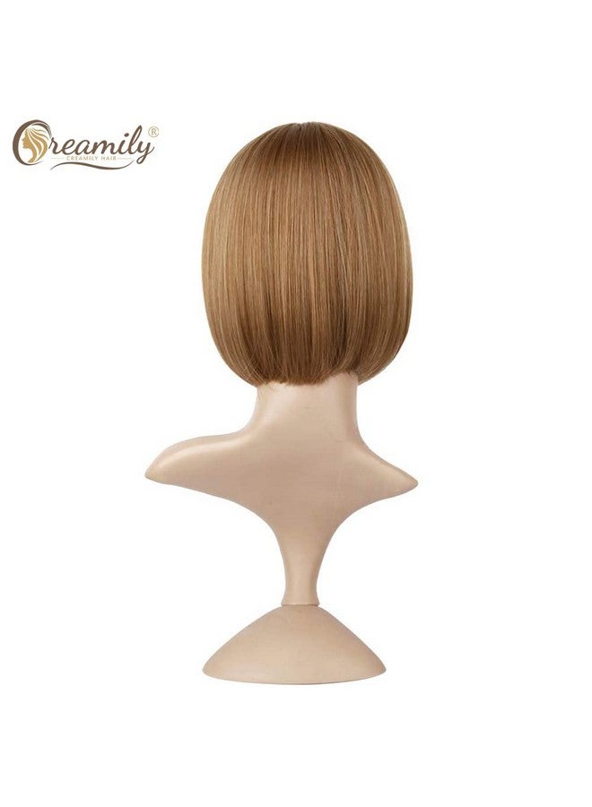 Reamily 12 Inch Short Strawberry Blonde Wigs With Bangs Medium Length Blonde Straight Wigs Synthetic Hair Wig Heat Resistant Hair Replacement Wig Daily Wear For Women Cosplay Costume Wigs