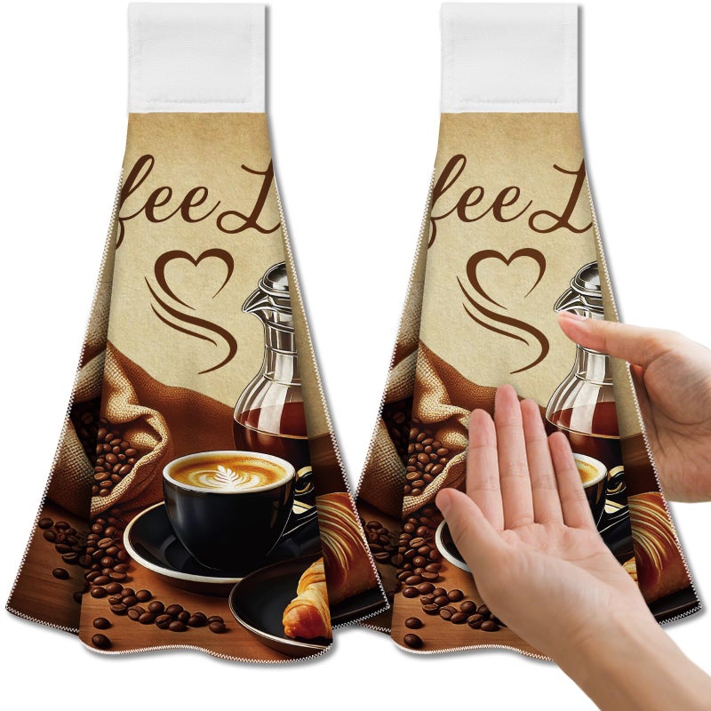 CUTHOLLOW Coffee Element Hanging Kitchen Towels with Loop, Set of 2 - Soft & Super Absorbent Microfiber Decorative Hanging Dish & Hand Towel, Tea, Coffee Towel for Kitchen Bathroom Oven Handle - Image 1