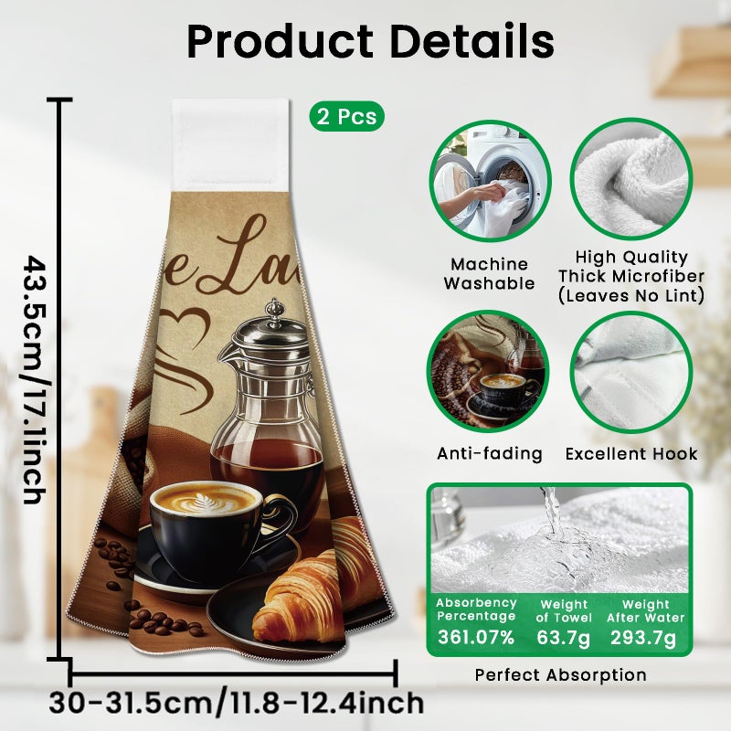 CUTHOLLOW Coffee Element Hanging Kitchen Towels with Loop, Set of 2 - Soft & Super Absorbent Microfiber Decorative Hanging Dish & Hand Towel, Tea, Coffee Towel for Kitchen Bathroom Oven Handle - Image 2