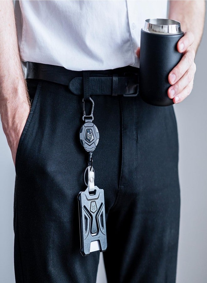 MNGARISTA حامل بطاقات تعريف قابل للسحب من MNGARISTA، عبوة من قطعتين، سلسلة مفاتيح متينة مزودة بحلقة تعليق، حامل بطاقات تعريف تكتيكي مع بكرة قابلة للسحب بطول 31.5 بوصة، أسود - Image 2