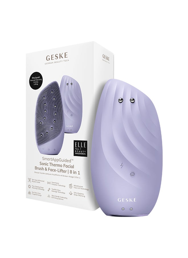 GESKE SmartAppGuided Sonic Thermo Facial Brush & Face Lifter 8 in 1 Skin Cleaning & Anti-Wrinkles Electric Cleaning Brush Made of Silicone Face Massager Cleansing & Anti-Ageing - Purple  - Image 1