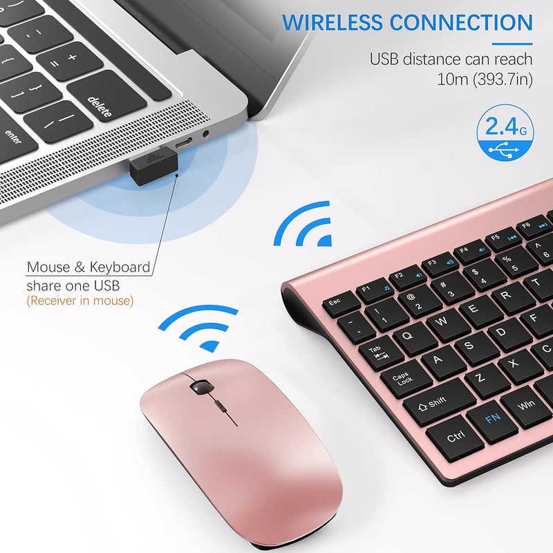 TopMate Wireless Keyboard and Mouse Ultra Slim Combo, 2.4G Silent Compact USB 2400DPI Mouse and Scissor Switch Keyboard Set with Cover, Batteries Included, for PC/Laptop/Windows/Mac - Rose Gold Black - Image 3