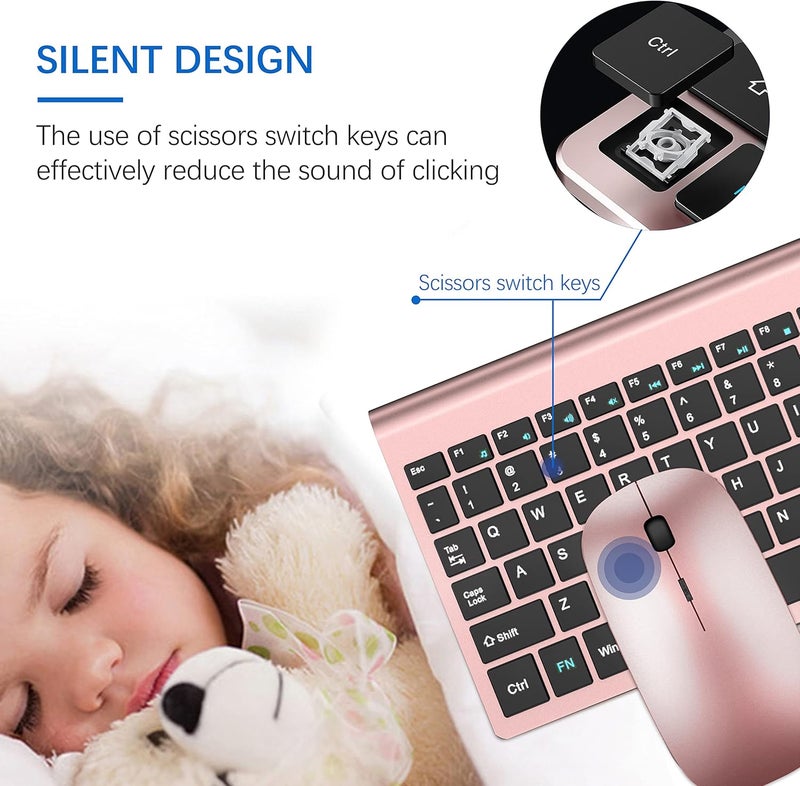 TopMate Wireless Keyboard and Mouse Ultra Slim Combo, 2.4G Silent Compact USB 2400DPI Mouse and Scissor Switch Keyboard Set with Cover, Batteries Included, for PC/Laptop/Windows/Mac - Rose Gold Black - Image 2