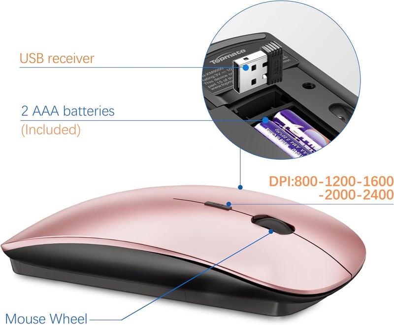 TopMate Wireless Keyboard and Mouse Ultra Slim Combo, 2.4G Silent Compact USB 2400DPI Mouse and Scissor Switch Keyboard Set with Cover, Batteries Included, for PC/Laptop/Windows/Mac - Rose Gold Black - Image 4