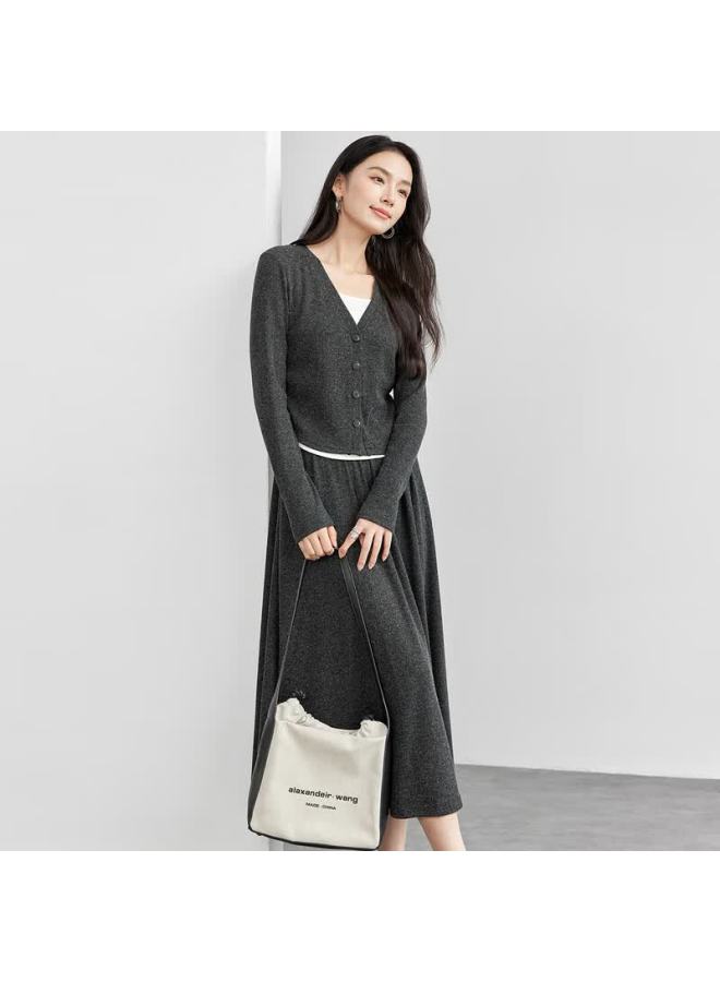 Sentubila Lazy Style Knitted Sweater Set Women Autumn Winter Fake Two-piece Slimming Top And Skirt Set Dark Gray S - Image 1
