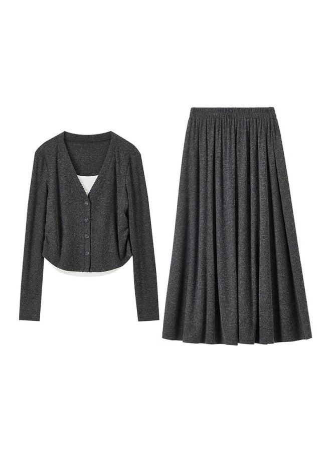 Sentubila Lazy Style Knitted Sweater Set Women Autumn Winter Fake Two-piece Slimming Top And Skirt Set Dark Gray S - Image 2