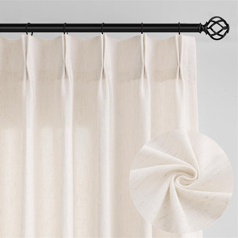 DUKIYO Natural Pinch Pleated Linen Farmhouse Curtains 84 Inches Long for Living Room Bedroom Semi Sheer Light Filtering Privacy Pleat Drapes with Hooks Rings Back Tab Drapes Cream Ivory - Image 1